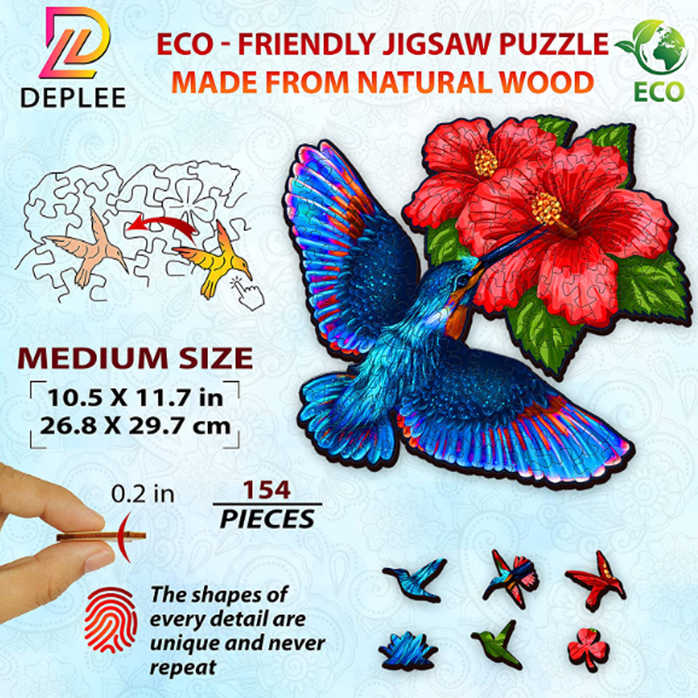 Challenge your mind and discover the beauty of hummingbird flowers with our wooden jigsaw puzzle