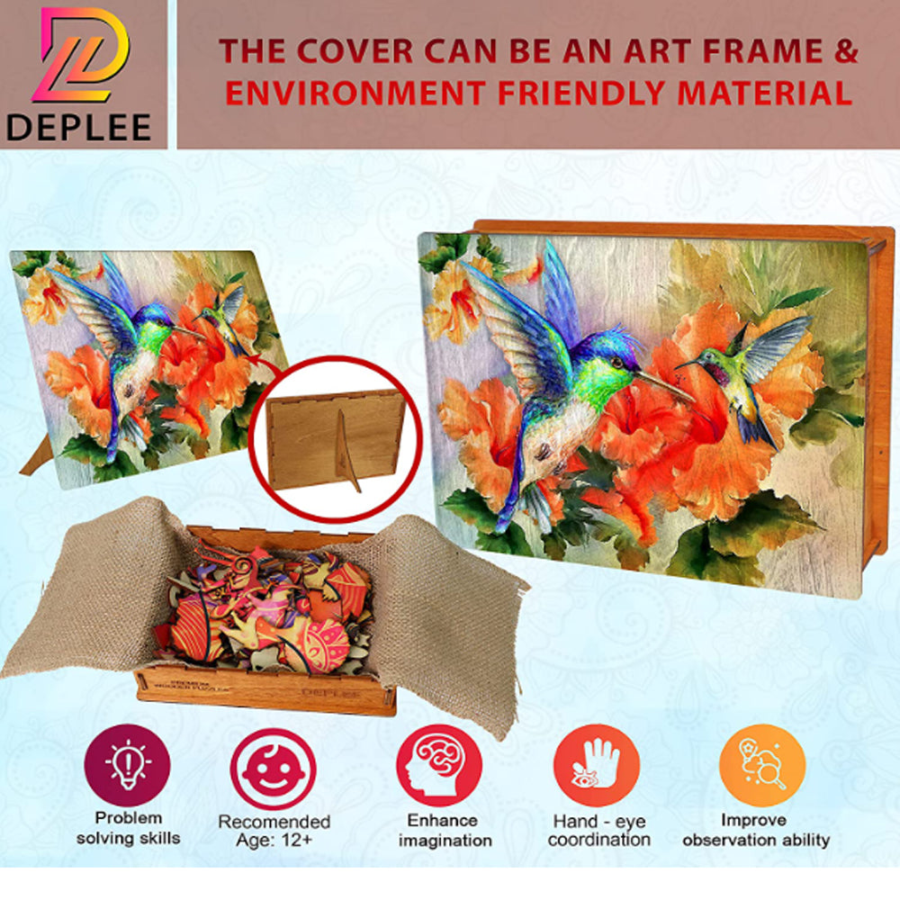 Challenge your mind and immerse yourself in the vibrant beauty of hummingbirds with the Deplee hummingbird wooden jigsaw puzzle
