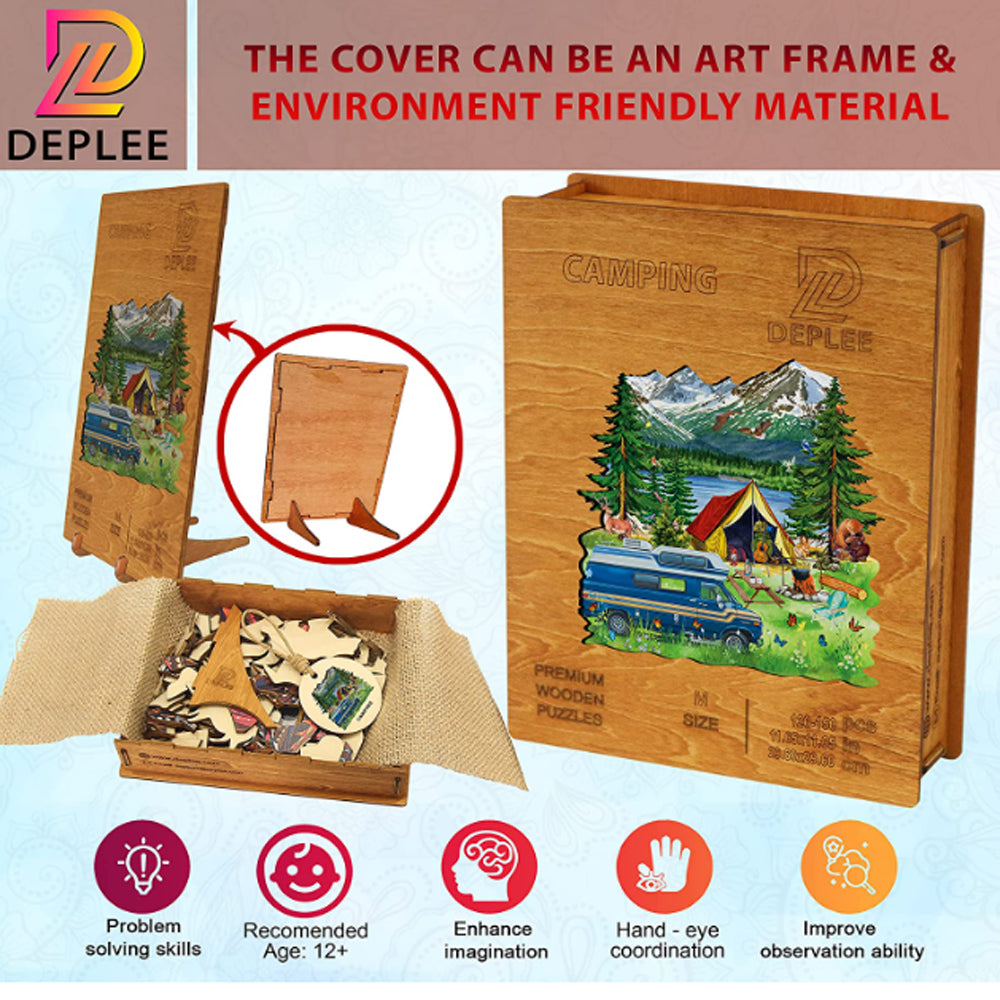 Experience the great outdoors with the Deplee camping wooden jigsaw puzzle