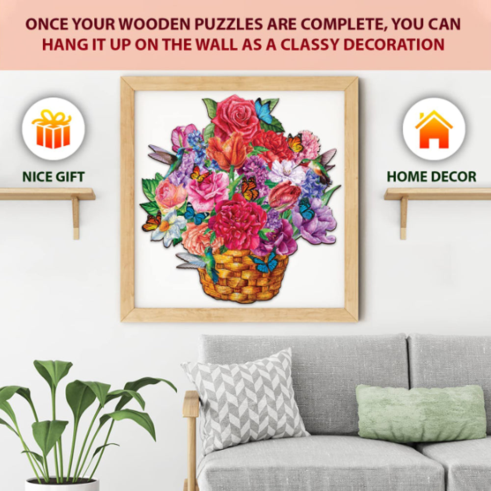 Experience the beauty and challenge of our flowerbasket wooden jigsaw puzzle