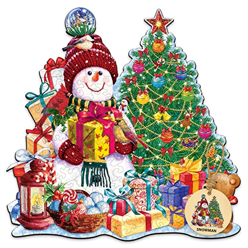Christmas puzzle with vibrant snowman and christmas tree design