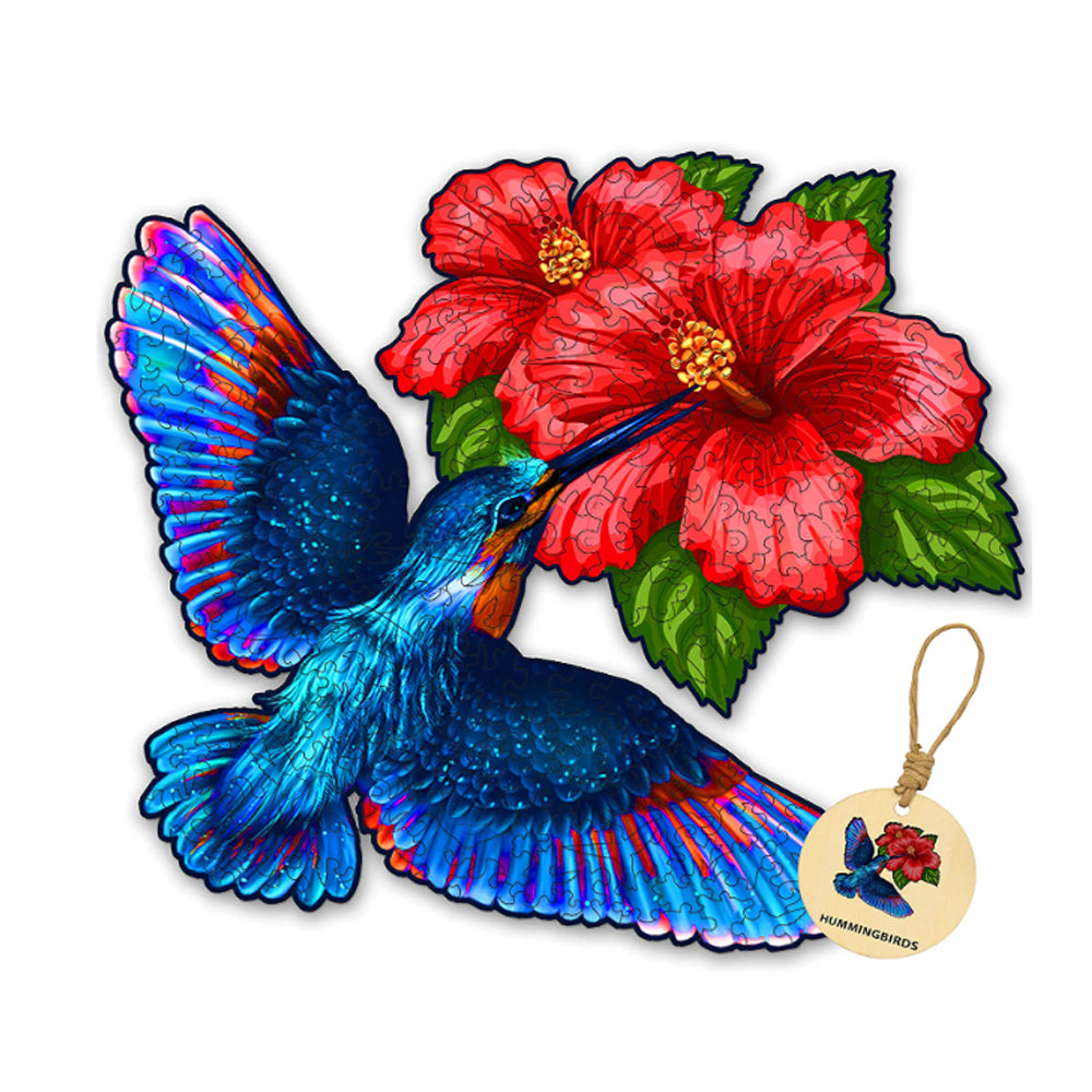 Challenge your mind and discover the beauty of hummingbird flowers with our wooden jigsaw puzzle