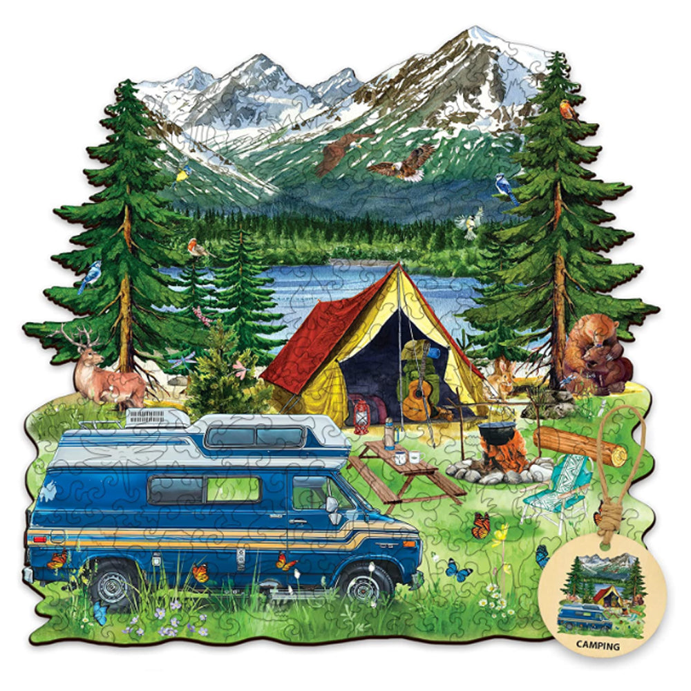 Experience the great outdoors with the Deplee camping wooden jigsaw puzzle