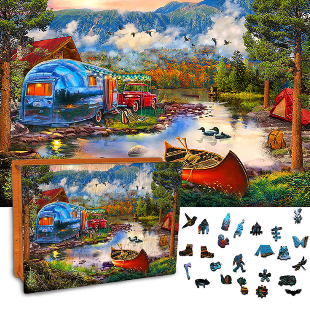 Get lost in the wilderness with the Deplee camping wooden jigsaw puzzle