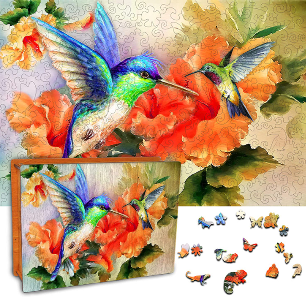 Challenge your mind and immerse yourself in the vibrant beauty of hummingbirds with the Deplee hummingbird wooden jigsaw puzzle